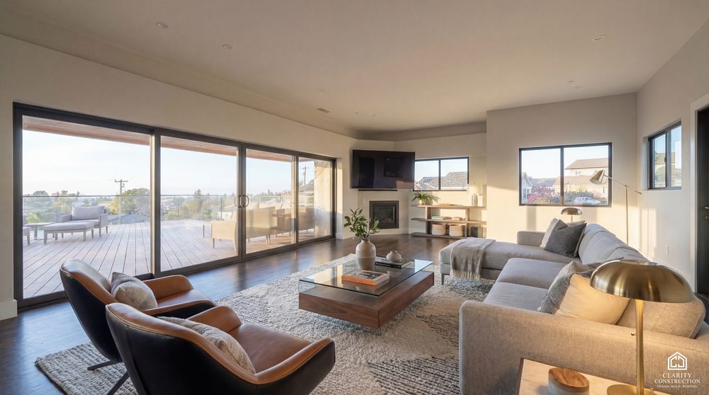 Living room with a wall of sliding glass opening onto a deck with a valley view