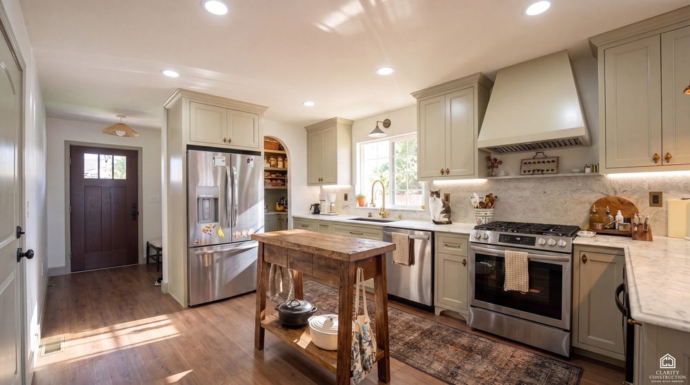 Sage green shaker kitchen with a butcher block island, seen from the entry hall
