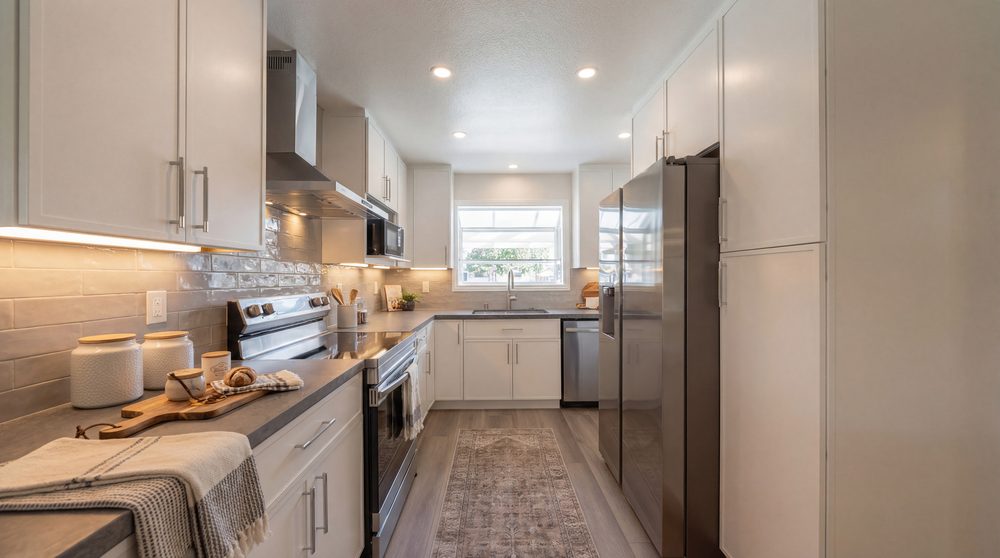 Kitchen with white upper cabinets, a stone backsplash and a stainless range