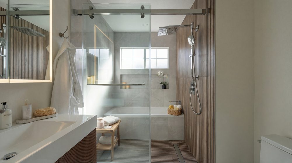 Backlit mirror over a stone vanity, with a tub and walk in shower behind glass