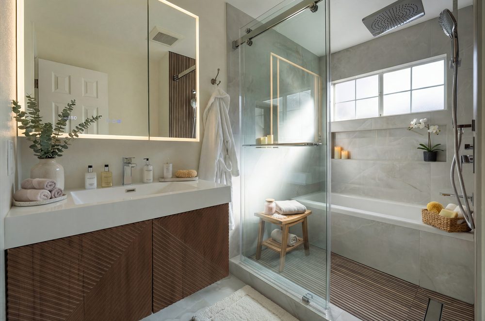 Fluted walnut vanity and a glass shower with a stone bench in a remodeled bathroom