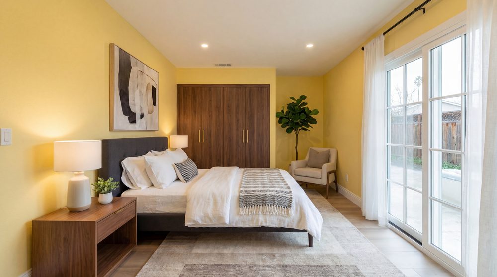 Bedroom with a walnut wardrobe, glazed door to the garden and new flooring