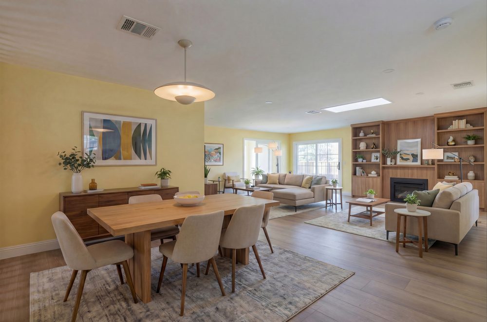 Open plan dining and living room with a skylight, built in shelving and a fireplace