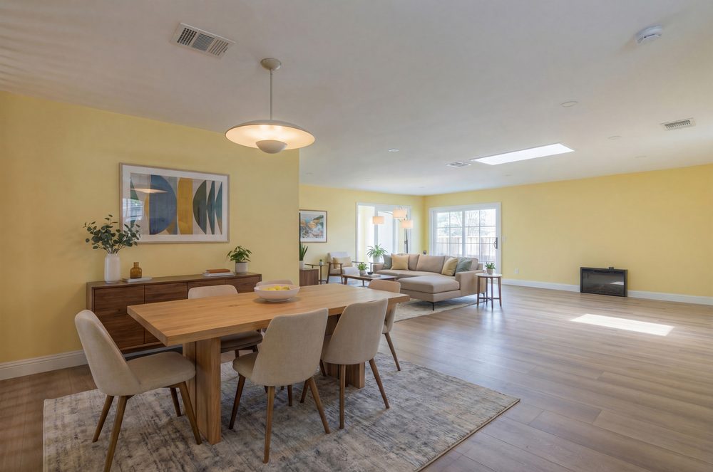Dining table and living room in an open plan renovation, with a skylight and built in shelving