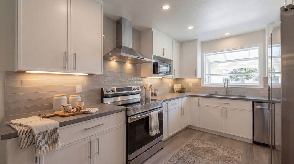 White kitchen with a stone backsplash, stainless appliances and a run of dark counters