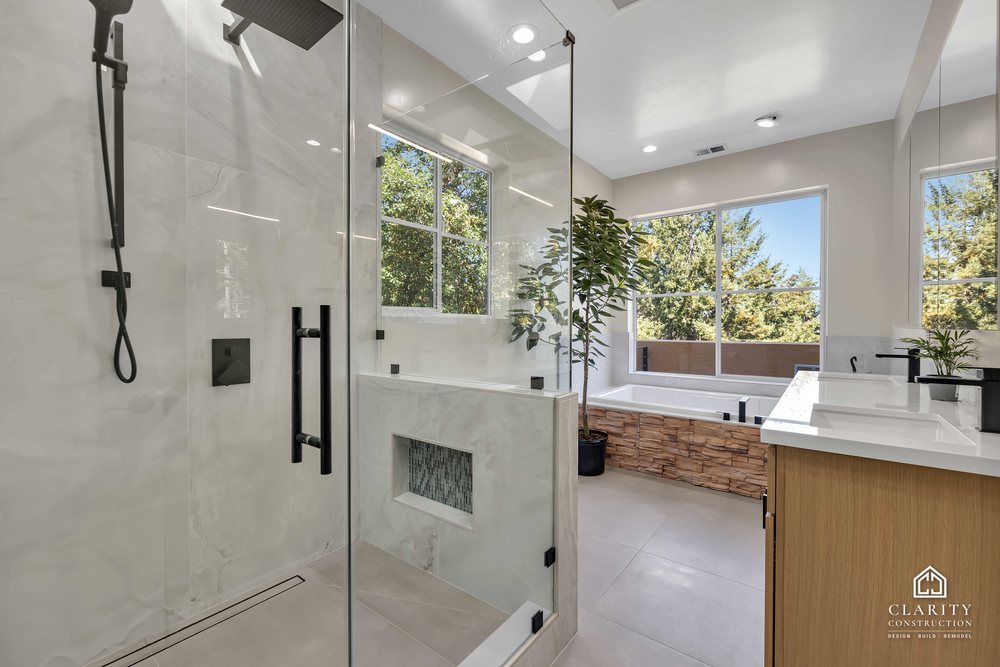 Walk-in shower, soaking tub and vanity in one view