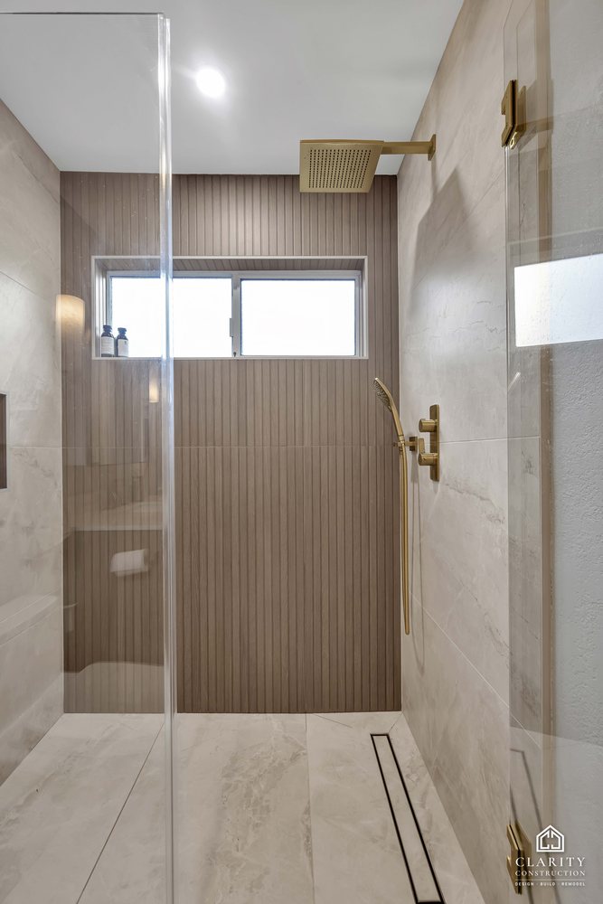 Hall bath: walk-in shower under the new window